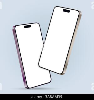 Two smartphones mockup with blank screens while levitating in the air on a blue background. Vector illustration. Stock Vector