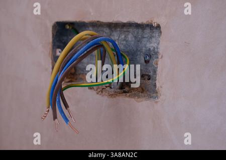 Electrical wires (live, neutral, ground) exposed from a wall box, prepared by an electrician for installing an outlet or switch. Stock Photo