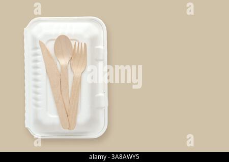 Biodegradable take out food container and wooden bamboo cutlery with copy space Stock Photo