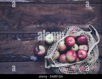 Freshly picked apples in a reusable fishnet market bag on a rustic dark wooden table Stock Photo
