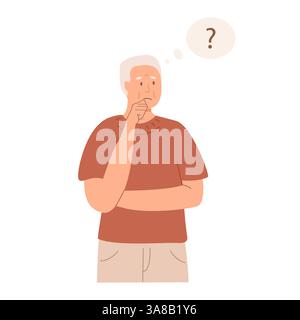 Elderly man experiencing confusion, memory loss, thinking with a puzzled expression and question mark. Alzheimer disease dementia concept. Male person Stock Vector