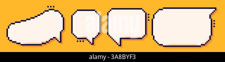 Four pixel dialogue boxes. Speech bubbles drawn in 8 bit Y2k style on yellow background. Stock Vector