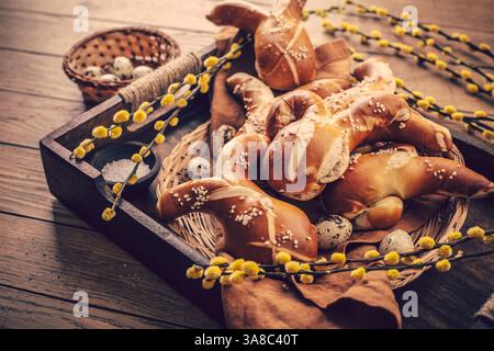 Buns made from yeast dough in a shape of Easter bunny Stock Photo