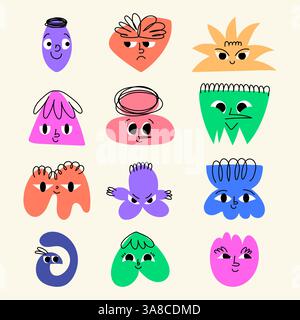 Set of Colorful Doodle Abstract Geometrical Shapes of Blobs with Faces. Hand drawn organic multicolored funny cartoon avatars. Happy decorative Stock Vector