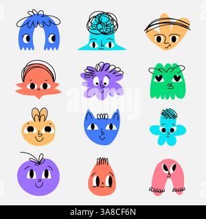 Collection of Colorful Doodle Abstract Geometrical Shapes of Blobs with Faces. Hand drawn organic multicolored funny cartoon avatars. Happy decorative Stock Vector