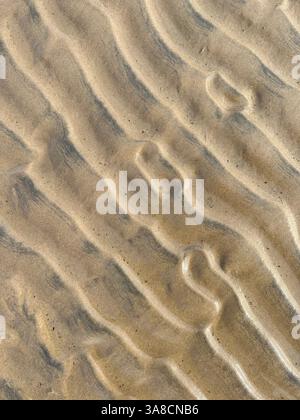 Sea sand ribbed pattern, formed by waves in shallow area of sea gulf. Beach in summer. Traveling and vacation. Texture of natural material, background Stock Photo