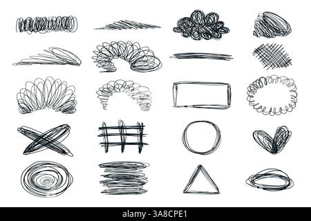 Black and White Chaotic Lines and Abstract Loops isolated on White Background. Hand Drawn Scribble Shapes Collection. Perfect for modern art prints Stock Vector