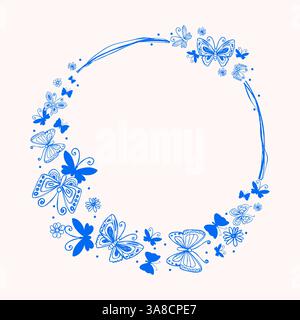Cute frame with Hand Drawn Butterflies Isolated on White background. Butterfly silhouettes. Doodle insects and chamomile flowers. Elegant botanical Stock Vector