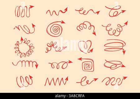 Pencil Hand Drawn Squiggle Coils and Wavy Doodle Arrows. Scribbled arrows for infographics. Freehand sketches of thin spring arrows with loops with Stock Vector