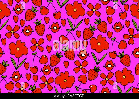 Cute Pink Seamless Pattern with Cherry, Strawberry, Hearts and Flowers in Hand Drawn Style. Retro creative repeatable background  Stock Vector