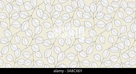 Delicate Leaf Branches Seamless Pattern in Line Art Style on Light Beige Background. Subtle foliage background with minimalist outlined leaves and Stock Vector