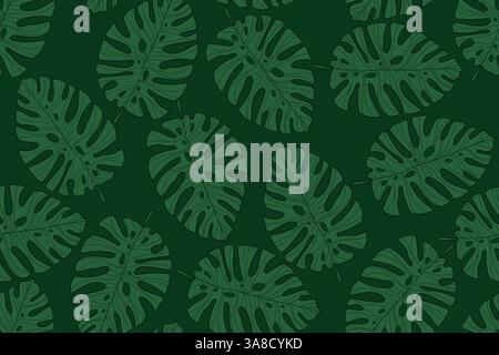 Hand-Drawn Monstera Leaf Seamless Pattern in Line Art style on Deep Green Background. Tropical foliage design with large outline leaves in a bold Stock Vector