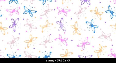Flower Seamless Pattern with Elegant Hand Drawn Butterflies. Hand painted colorful pastel butterflies with grunge texture Stock Vector