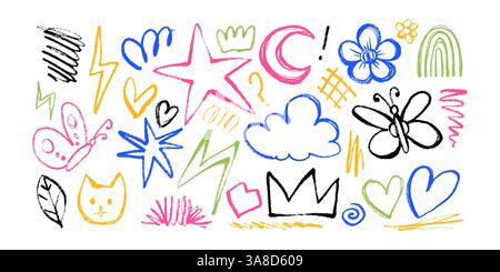 Collection of Childish Multicolored Doodles Hand Drawn with Pencil and Charcoal. Colorful scribbles with happy vibes and grunge texture. Banner with Stock Vector