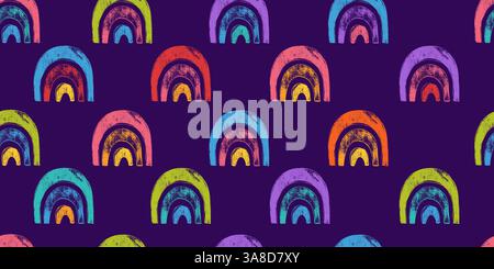 Seamless Pattern with Hand Drawn Abstract Rainbow Shapes in Vibrant Tones with Bold Brush Strokes. Playful geometric doodles on a dark background  Stock Vector