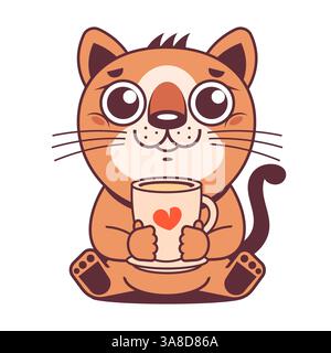 Two cats in love with cups of coffee drink, heart shape, love. Time for coffee, rest, friendship. Couple of animals clicking cups Stock Vector