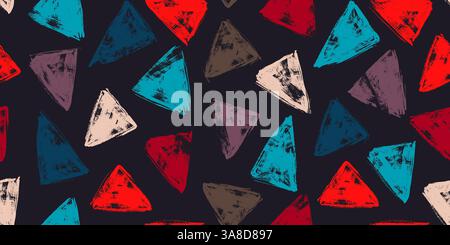 Beautiful Grunge Seamless Pattern filled with Random Colorful Triangles. Simple repeatable design with contemporary playful figures Stock Vector
