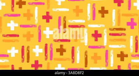 Plus, Minus and Equal Symbols Hand Drawn with Bold Brushstrokes Seamless Pattern. Education repeatable background with grunge ink abstract lines  Stock Vector