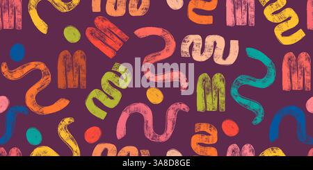 Colorful Seamless Pattern with Naive Abstract Grunge Geometric Shapes. Playful background with retro geometric figures Stock Vector