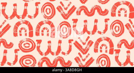 Bold Abstract Geometric Shapes Hand Drawn with Pink Color in Seamless Pattern. Circular doodle simple basic forms isolated on cream background Stock Vector