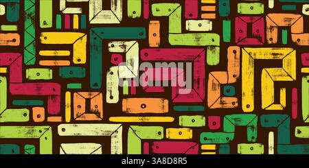 Grunge Abstract Geometric Shapes with Earthy Colors in Retro Style Drawn with Bold Brush Strokes. Vibrant geometric doodles black background. Playful Stock Vector