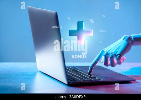 Bonus. Robot pushing button on laptop. Plus and percent signs flying out of computer Stock Photo