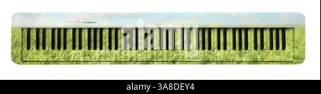 Synthesizer on white background. Double exposure of green field and musical instrument Stock Photo