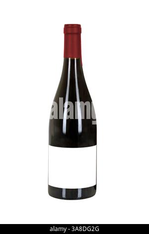 Red wine bottle with red cap and blank label isolated on white background, front view closeup Stock Photo