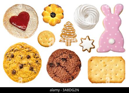 Set of assorted biscuits and cookies isolated on a white background, top view closeup dessert Stock Photo