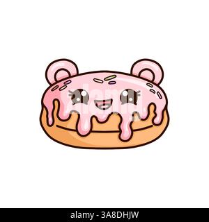 A delightful kawaii donut character with a sweet smile and sparkling eyes. It features a pink icing glaze, colorful sprinkles, and adorable ear-like b Stock Vector