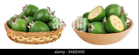 Feijoa fruit in a wicker basket and wooden bowl isolated on white background Stock Photo