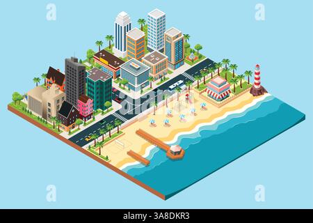 Isometric Summer Beach Town Vector Illustration Stock Vector