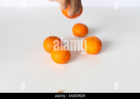 Vibrant mandarin oranges are arranged on a clean white surface. A hand placing one more mandarin adds movement to the scene. Represents healthy eating Stock Photo
