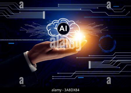 Artificial intelligence. Businessman holding virtual brain with and AI abbreviation on dark background, closeup Stock Photo
