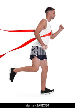 Sportsman crossing red finish line ribbon on white background Stock ...