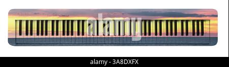 Synthesizer on white background. Double exposure of seascape during sunset and musical instrument Stock Photo
