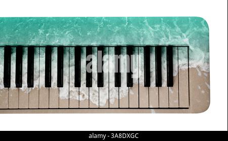 Synthesizer on white background. Double exposure of seascape and musical instrument Stock Photo