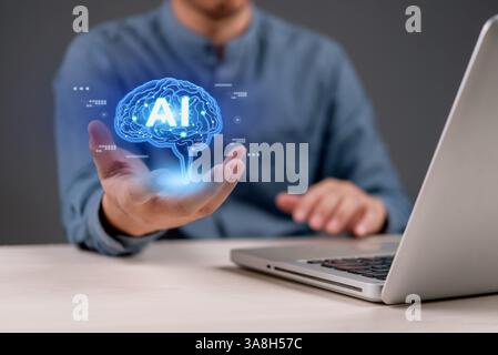 Artificial intelligence business. A professional using AI technology for big data analysis, automation, and innovation in a digital workspace. solutio Stock Photo