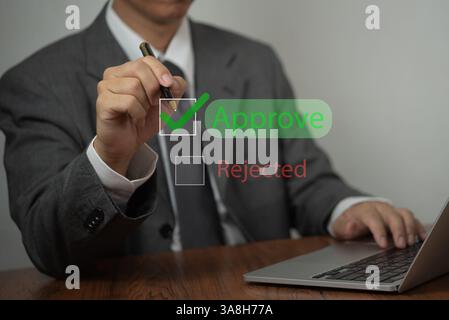 Business decision-making process showing approval and rejection options, symbolizing choices and workflow management. Stock Photo