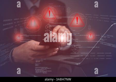 businessman hand using a smartphone with warning and financial risk data. cybersecurity hacking threats, fraud alerts, online transactions scams, fina Stock Photo