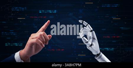 A human hand and a robotic hand reaching towards each other, collaboration between humans and artificial intelligence. AI development, digital transfo Stock Photo