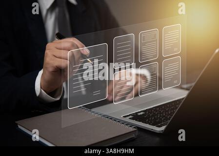 business professional interacting with a digital interface of document management system, representing workflow management and organization. Stock Photo