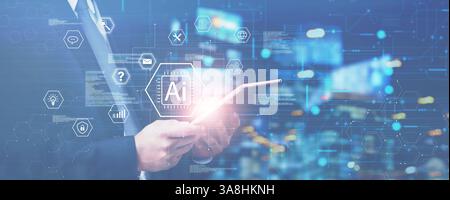 Business using AI technology to analyze data and generate insights with digital systems. artificial intelligence, cybersecurity, and IoT networks for Stock Photo