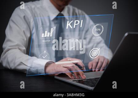 KPI Key Performance Indicators dashboard displaying metrics, data analysis, and performance results in a business context. planning using digital tool Stock Photo