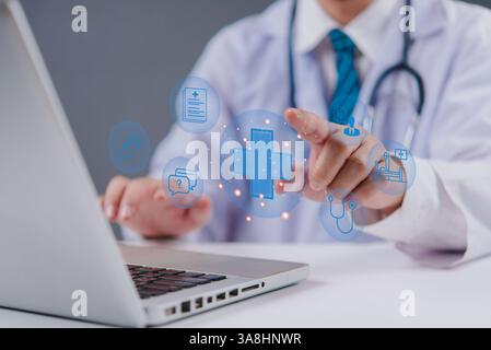 Medical technology healthcare services. innovation, digital solutions in hospitals and clinics. Doctor interacts with virtual health icons, representi Stock Photo