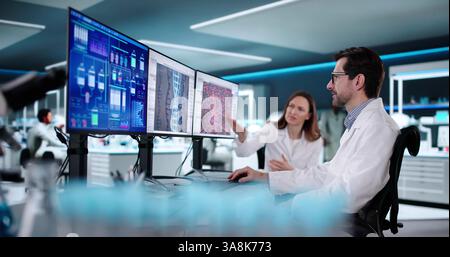 Female Scientist Conducts Biotechnology Research on Computer in Laboratory Stock Photo