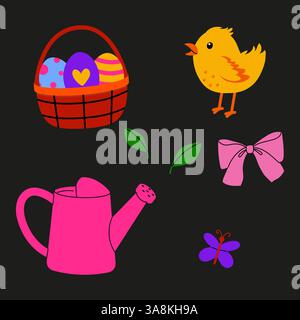Bright and colorful spring elements featuring eggs, a chick, and gardening tools Stock Vector