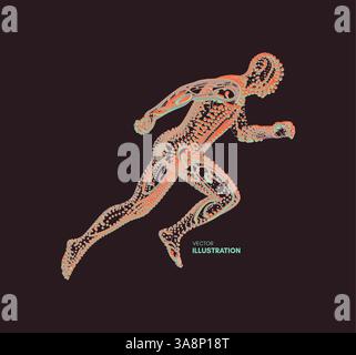 Running man. Emblem for marathon and jogging. 3d model of man. Vector Illustration. Wire connection to virtual reality. Stock Vector