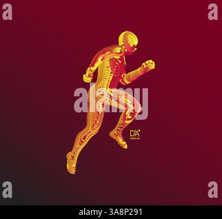 Running man. Emblem for marathon and jogging. 3d model of man. Vector Illustration. Wire connection to virtual reality. Stock Vector