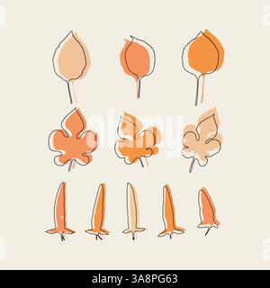Hand-Drawn Autumn Leaf Vector Set – Warm Orange Tones Botanical Illustration Stock Vector